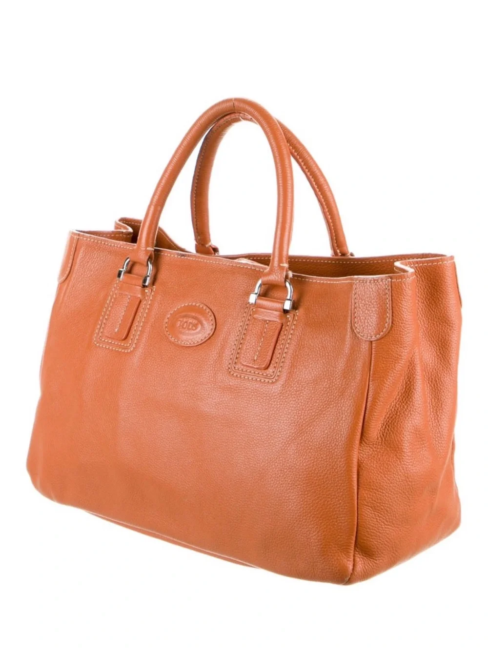 Tod’s Orange Pebbled Leather Top Handle Tote Bag Silver Hardware - Picture 2 of 4